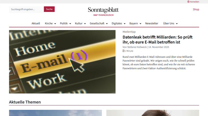 Sonntagsblatt website with headline about data leak affecting millions and how to check if your email is affected