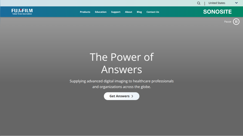 Fujifilm Sonosite website header with navigation and hero text about supplying advanced digital imaging to healthcare professionals