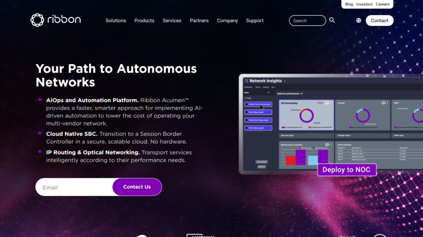 Ribbon's platform for autonomous networks with a call to action and key features listed.