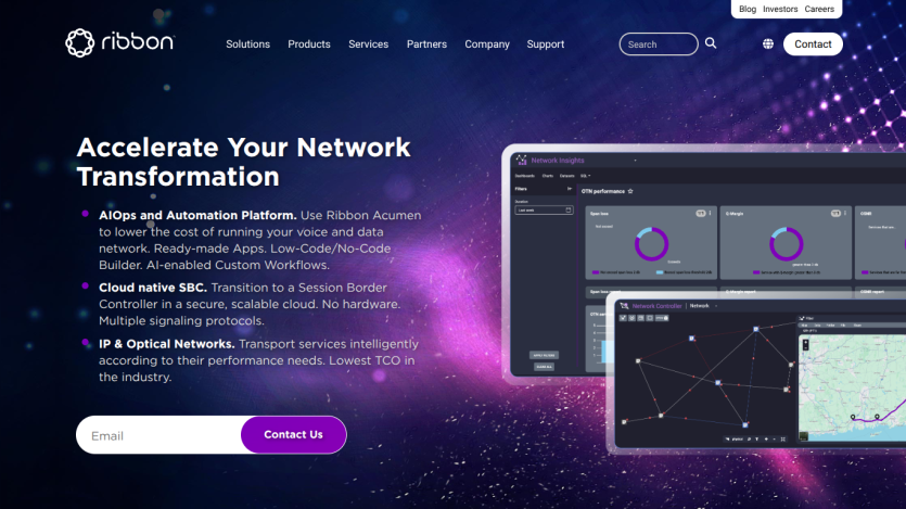 Network transformation platform homepage with headline, subtext, email signup, and dashboard screenshot