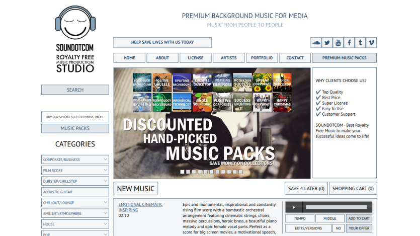 Homepage featuring discounted music packs for media use.