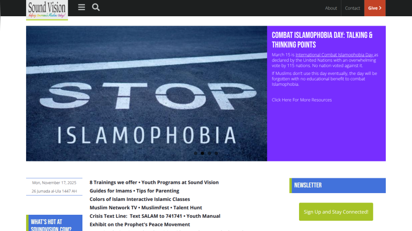 Sound Vision website promoting Combat Islamophobia Day with resources and newsletter signup