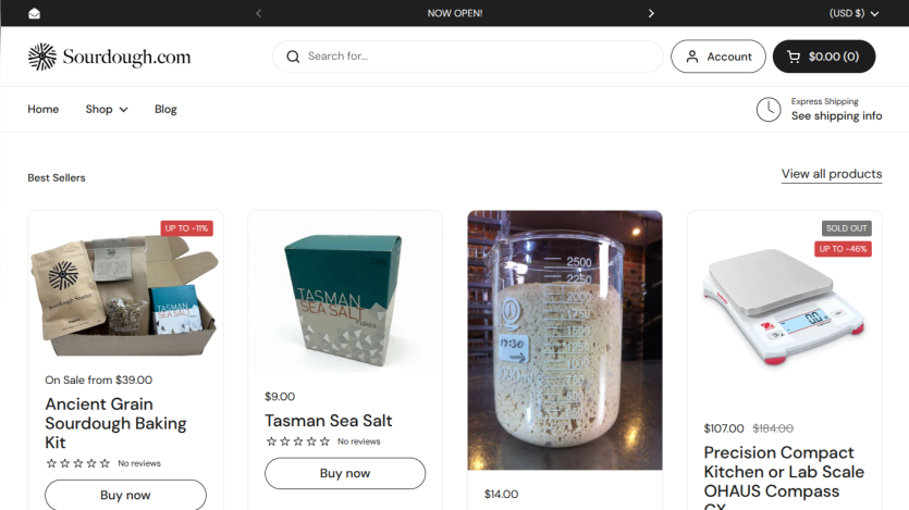 Sourdough.com homepage showing best sellers including baking kit, sea salt, sourdough starter, and kitchen scale with prices and buy buttons