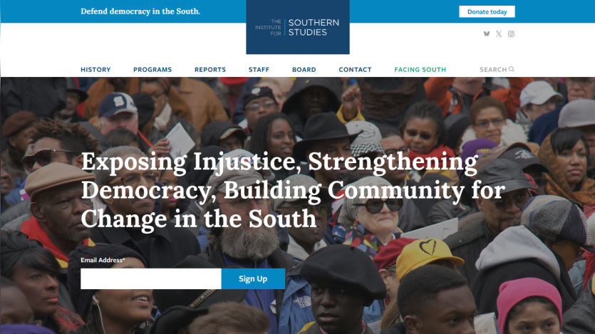 Institute for Southern Studies website with a crowd background and text about exposing injustice and strengthening democracy in the South, plus an email signup form.