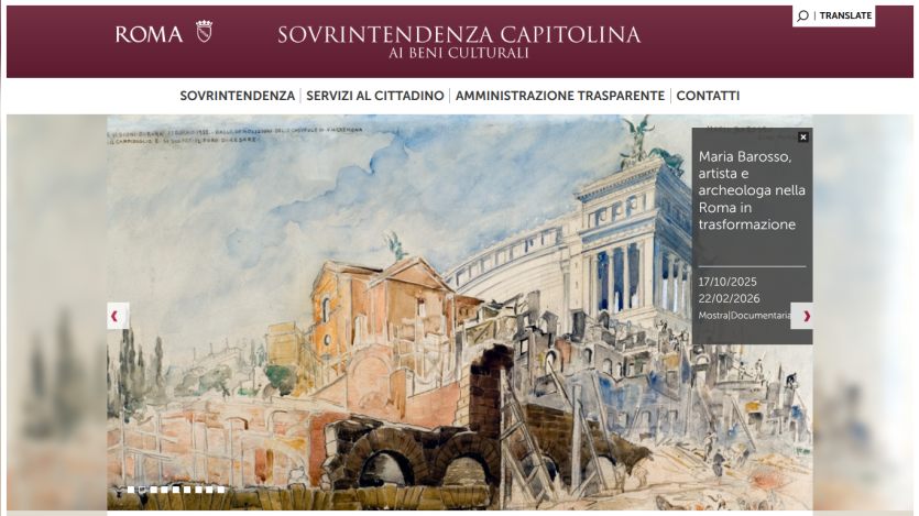 Roma Sovrintendenza Capitolina ai Beni Culturali website with navigation and featured exhibition about Maria Barosso, artist and archeologist