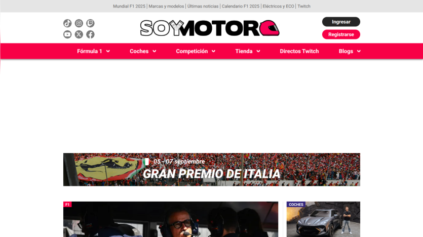 Homepage of SoyMotor with news about the Italian Grand Prix prominently displayed.