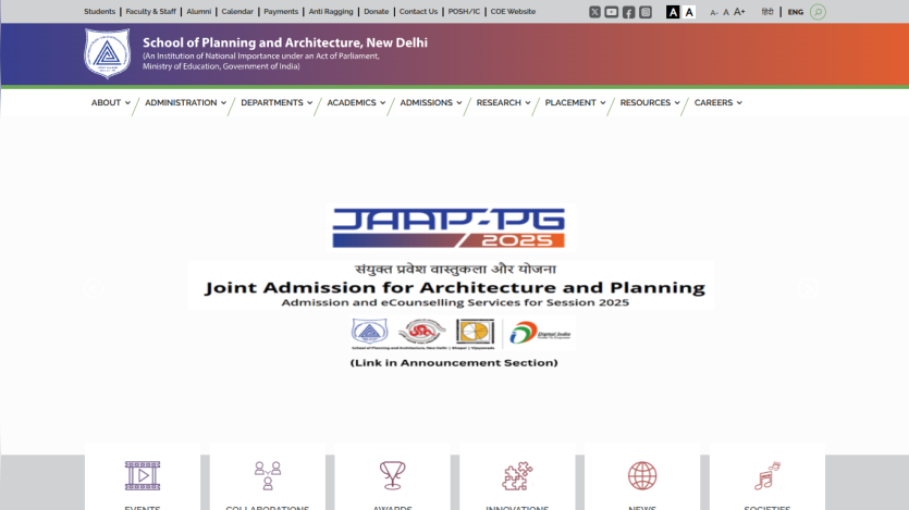 School of Planning and Architecture New Delhi website header and navigation with JAAP-PG 2025 admission announcement