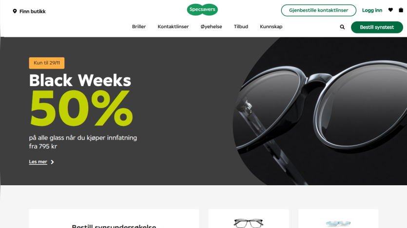 Specsavers website with Black Weeks 50% off promotion on lenses when buying frames from 795 kr