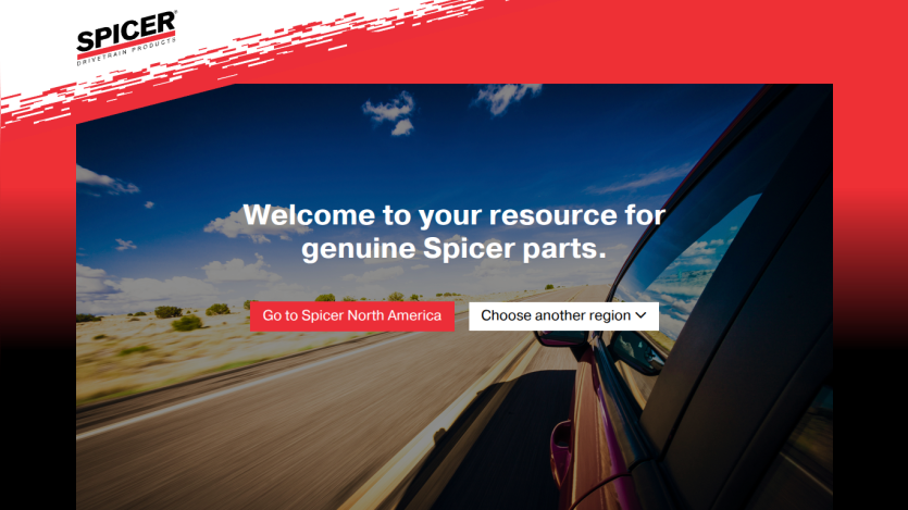 Spicer homepage hero with welcome message for genuine parts and region selection buttons over a road driving background.