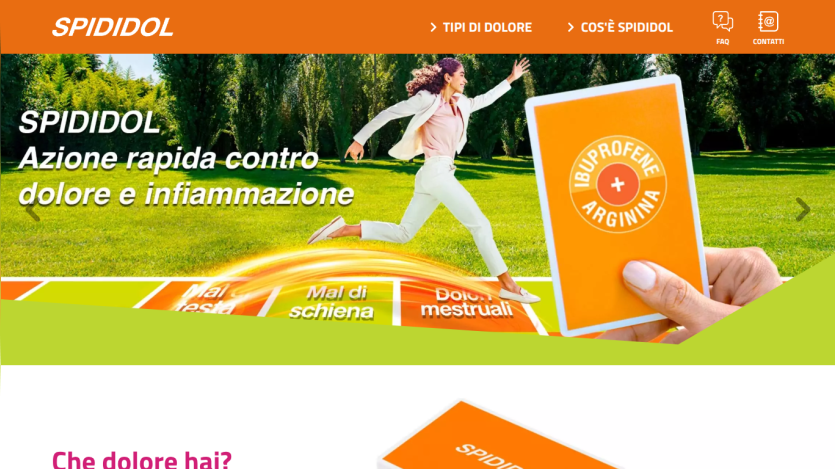 SPIDIDOL pain relief product with rapid action against pain and inflammation, showing a woman running and product card
