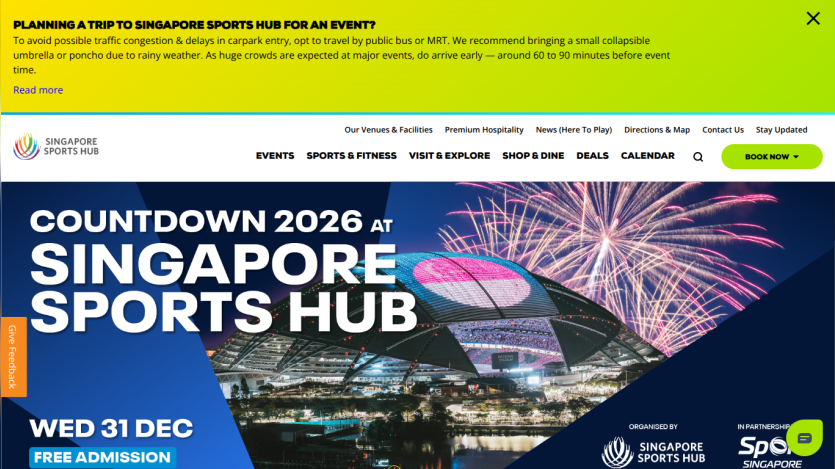 Singapore Sports Hub event countdown for 2026 with fireworks and event details for Wed 31 Dec, free admission