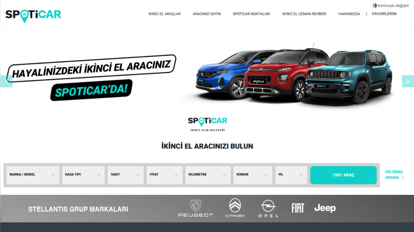 Second-hand car marketplace with search filters and featured car models from Stellantis group