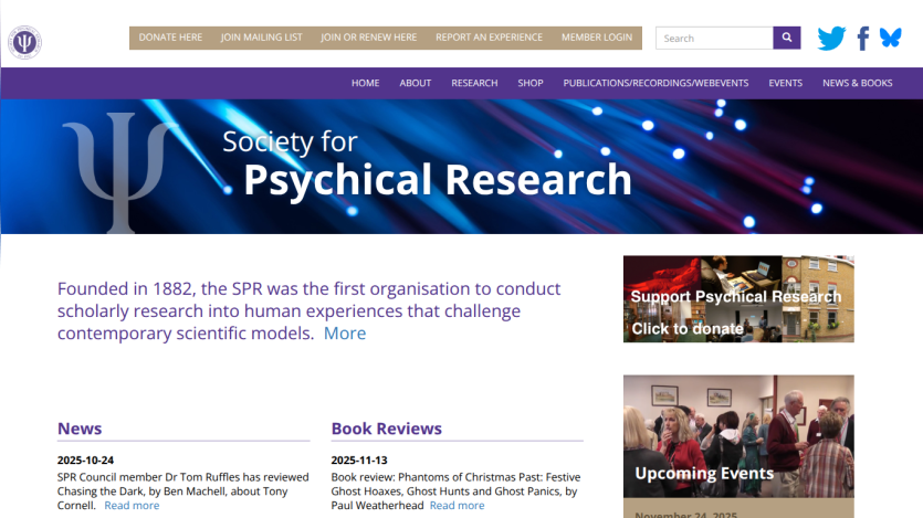 Society for Psychical Research homepage with navigation, intro text, news, book reviews, and upcoming events