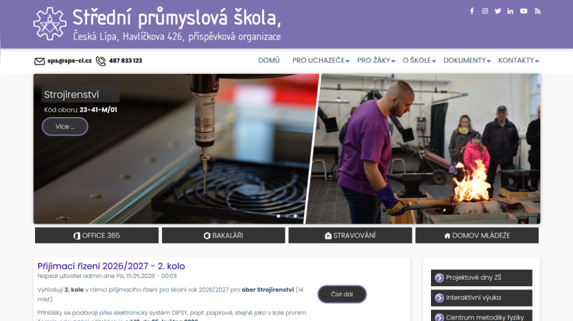 Homepage of a technical school featuring images of students in workshops and program information.