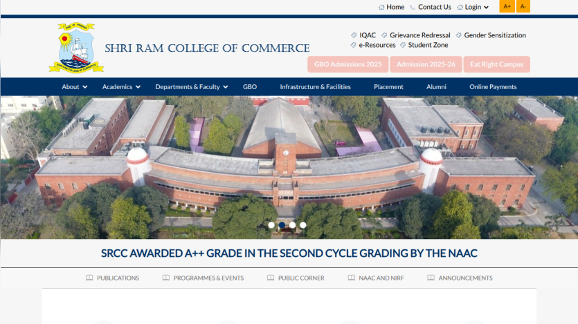 Shri Ram College of Commerce website with navigation, admission buttons, and aerial view of college building
