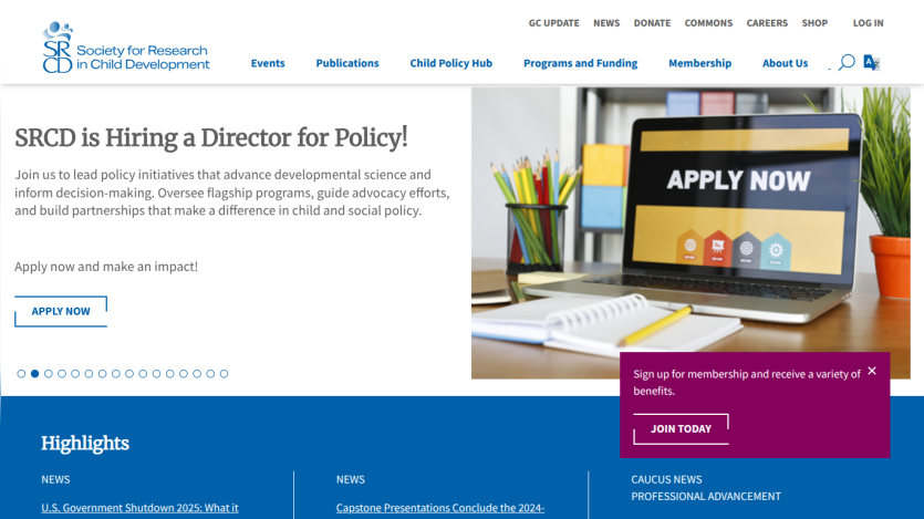 Homepage of SRCD with navigation menu, call to action to apply for director position, and highlights section