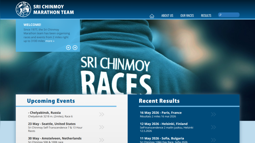 Homepage of Sri Chinmoy Marathon Team featuring upcoming events and recent results.