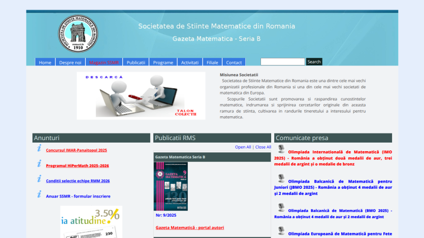 Societatea de Stiinte Matematice din Romania homepage with navigation, mission statement, announcements, publications, and press releases