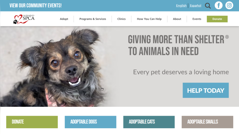 Sacramento SPCA homepage with a dog image and message about helping animals in need