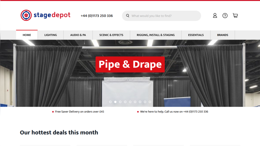 Stage Depot homepage featuring Pipe & Drape product with promotional text.
