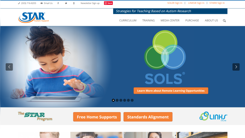 STAR Autism Support homepage with navigation, a child using a tablet, and SOLS remote learning opportunities