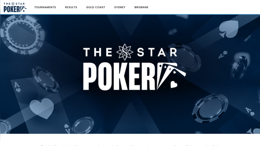 The Star Poker website header and hero section with navigation links for tournaments, results, and locations