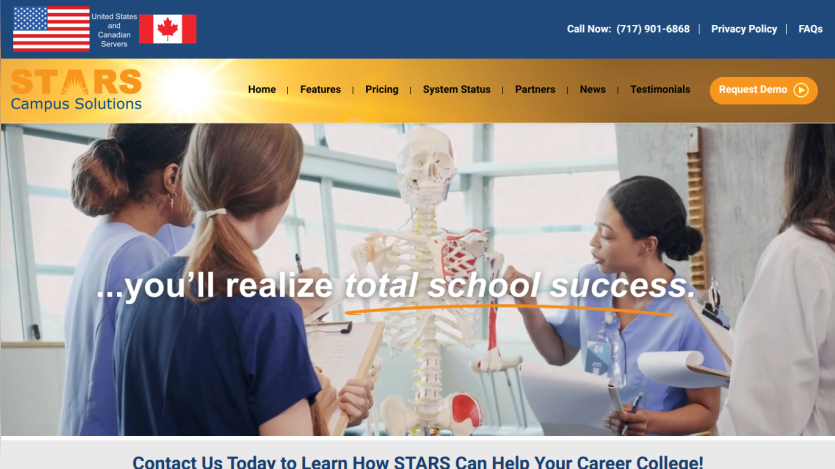 STARS Campus Solutions homepage with navigation, contact info, and highlights of student information systems for post-secondary institutions.