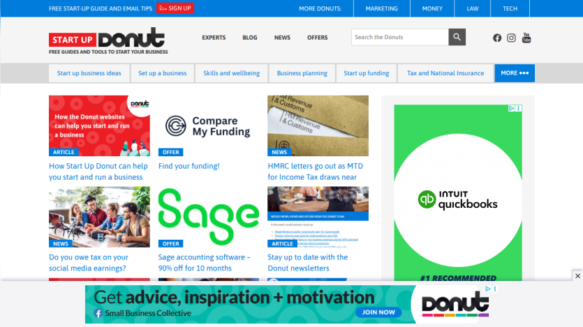 Start Up Donut website homepage with business guides, funding offers, news articles, and navigation menu