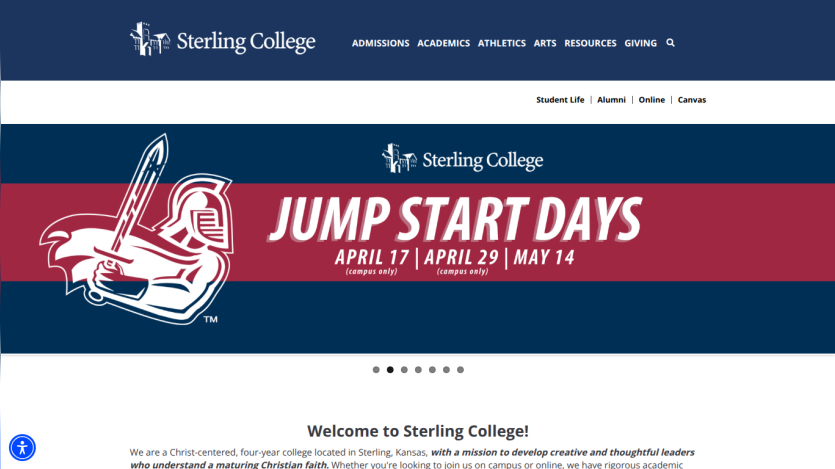 Sterling College website featuring 'Jump Start Days' event dates.