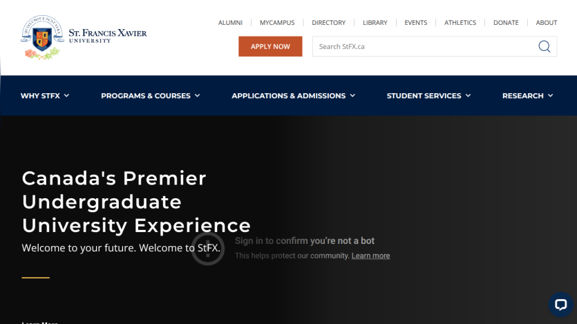 Homepage of St. Francis Xavier University promoting undergraduate programs.