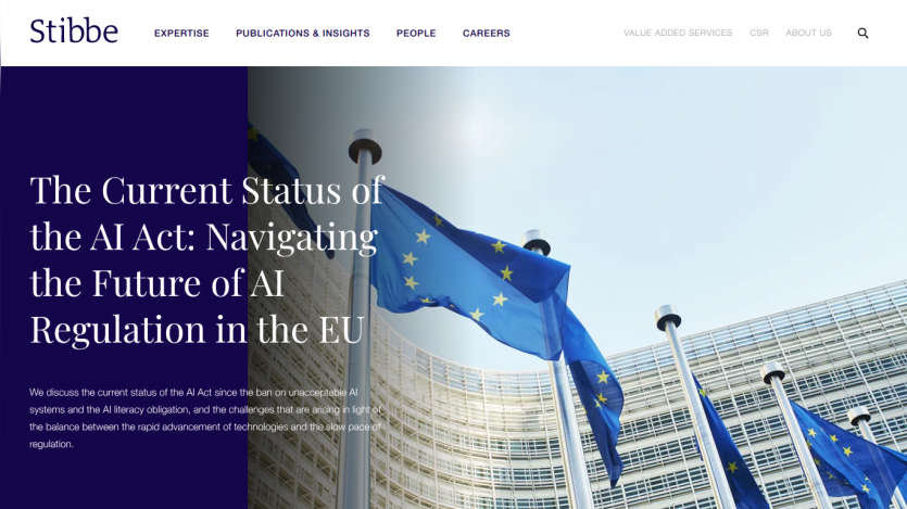 Website header with navigation and hero section about the current status of the AI Act and EU regulation