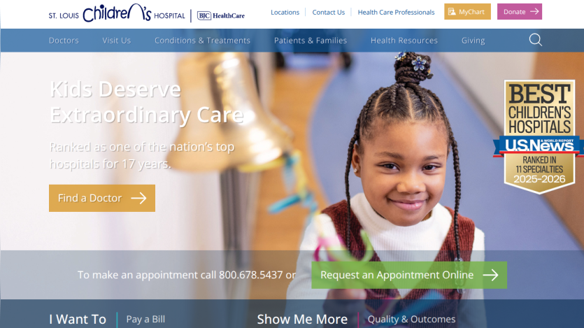 Homepage of a children's hospital featuring a smiling child and a call to action for appointments.