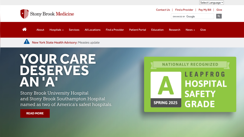 Stony Brook Medicine homepage featuring a safety grade and care message.