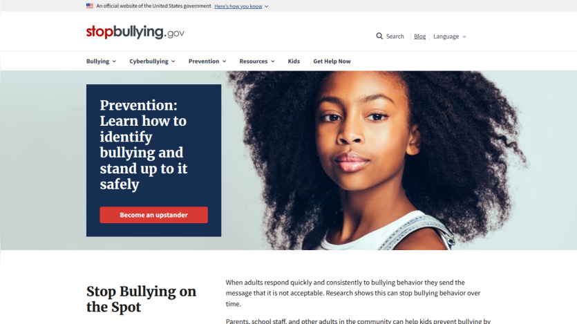 Homepage promoting bullying prevention with a call to action and informative text.