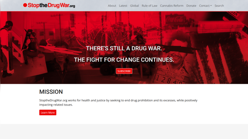 Website header with mission statement about drug war and call to action button.