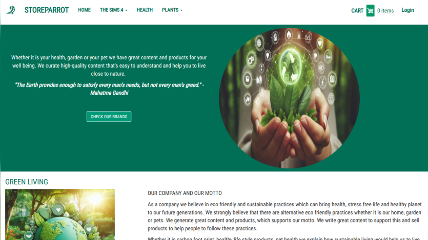 Homepage of a health-focused website featuring a green theme and a quote about nature.