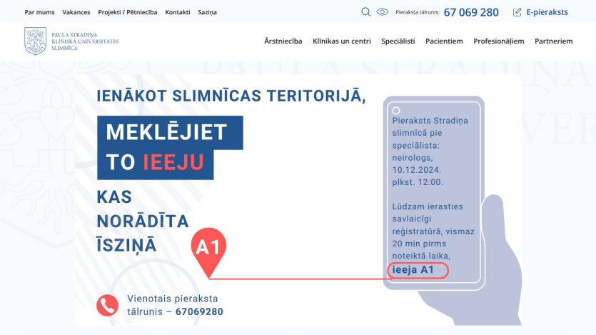 Paula Stradiņa Klīniskā Universitātes Slimnīca website header and hero section with instructions for hospital entry and appointment details.