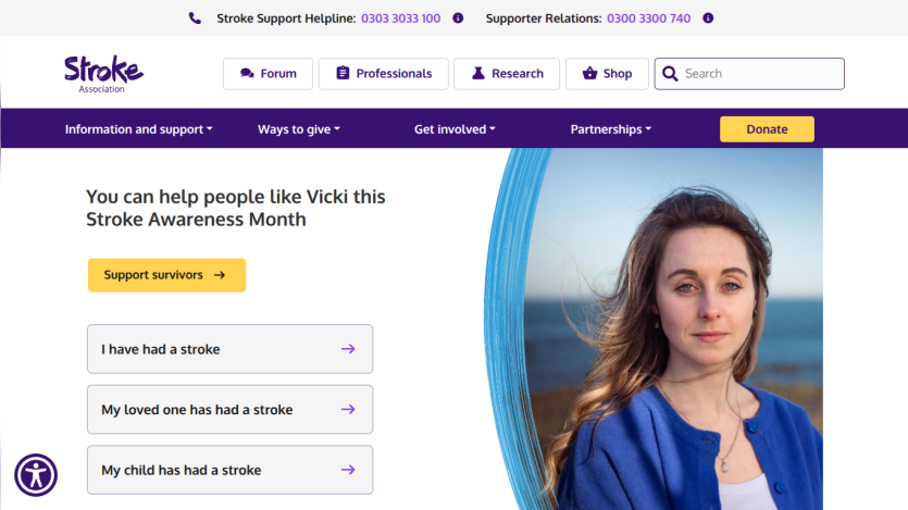 Homepage promoting Stroke Awareness Month with support options and donation button.