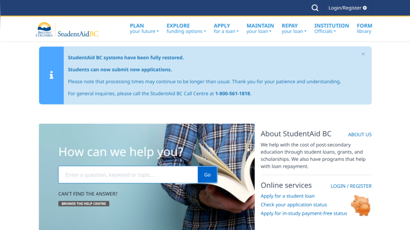 StudentAid BC homepage with search bar and links for applying, maintaining, and repaying student aid