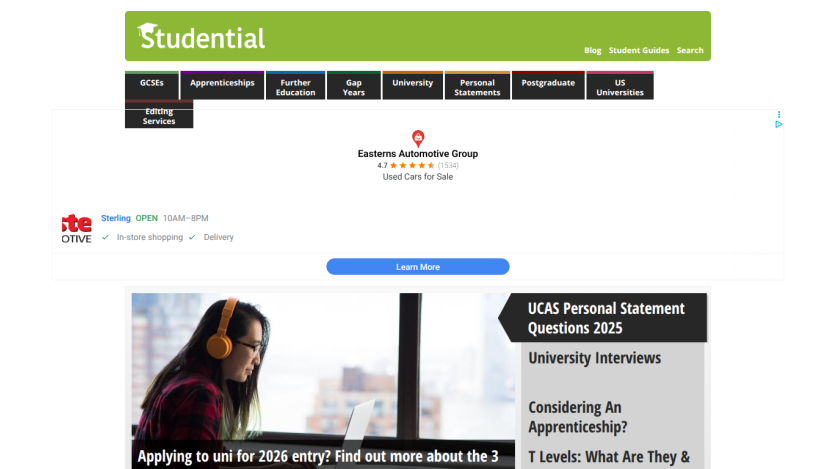 Studential website header and navigation with a hero section featuring a student using a laptop and links to university and apprenticeship guidance