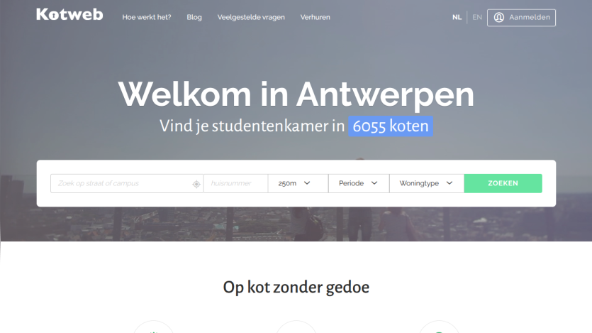Kotweb homepage welcoming users to Antwerp with a search bar to find student rooms among 6055 listings