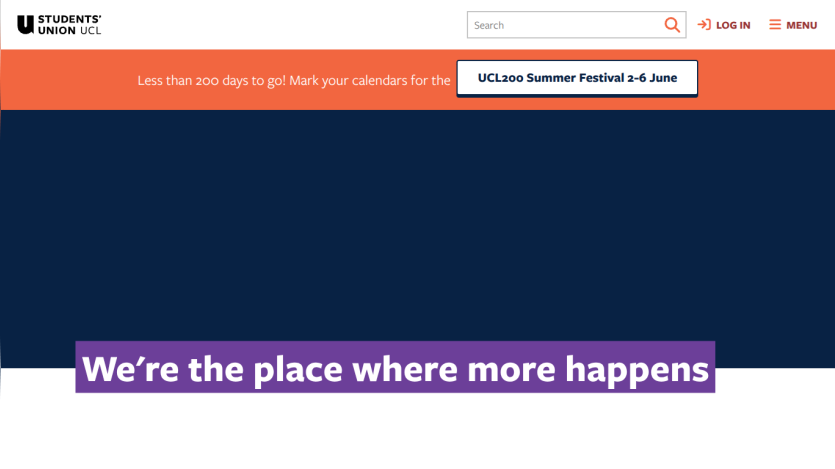 Students' Union UCL homepage with announcement for UCL200 Summer Festival and headline 'We're the place where more happens'