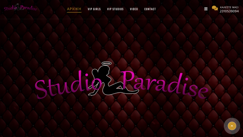 Website header with navigation menu and logo 'Studio Paradise' on a dark quilted background