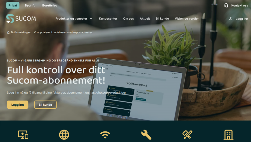 Sucom website offering control over subscriptions with login and sign-up options, showing a person using a laptop.