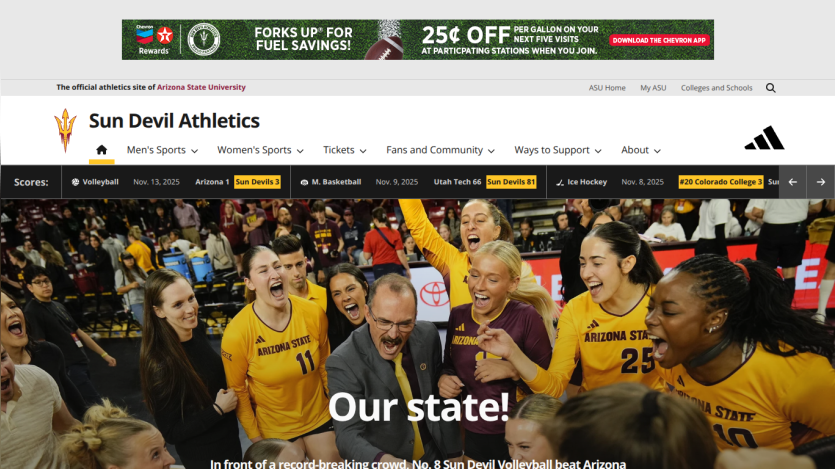 Sun Devil Athletics homepage featuring a basketball team celebrating with headline 'Our state!'