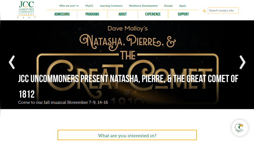Jamestown Community College site with navigation and announcement of fall musical Natasha, Pierre, & The Great Comet of 1812