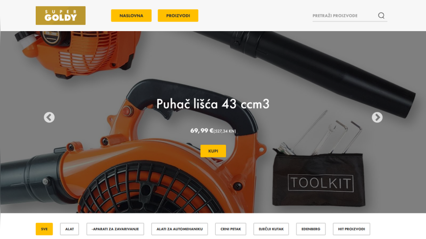 E-commerce homepage featuring a leaf blower priced at 69.99 euros with navigation and search bar