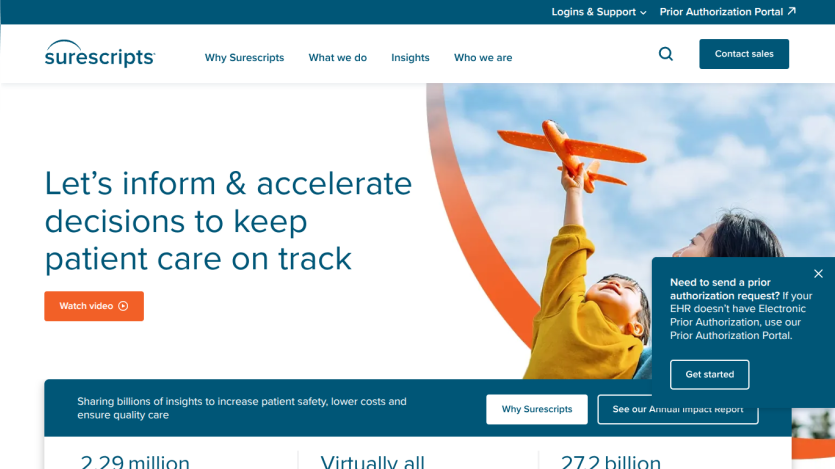 Healthcare analytics platform homepage with headline about accelerating patient care decisions and a child holding an orange airplane toy
