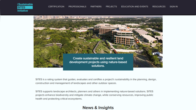 Sustainable Sites Initiative homepage with navigation and a hero image promoting sustainable land development projects