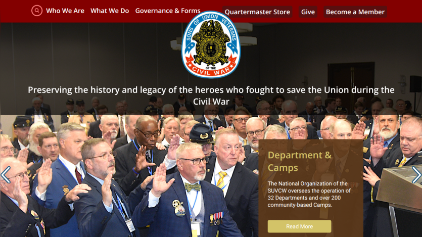 Website header with navigation and a hero section about preserving the legacy of Union Civil War heroes with a group photo and info on departments and camps